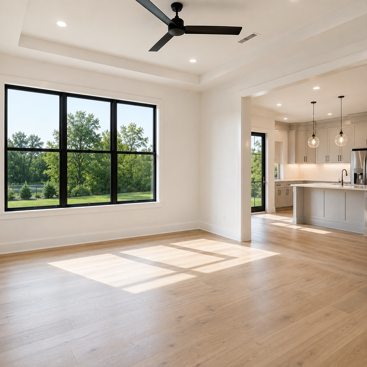 Spacious modern luxury living room with light hardwood floors, a black ceiling fan, large windows with black frames showing a green tree view, and an open view into a bright white kitchen.