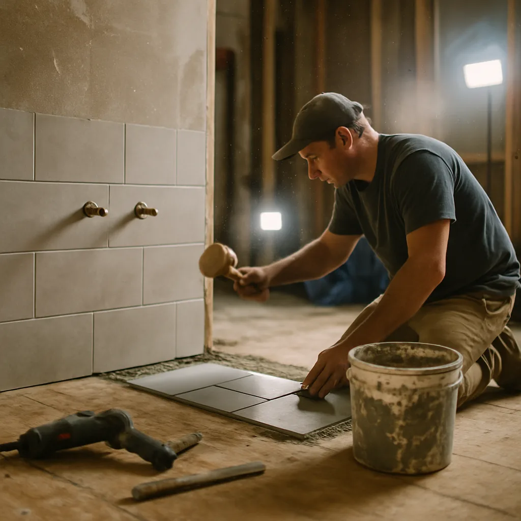 Contractor tiling a shower wall during bathroom remodeling in a Dallas home