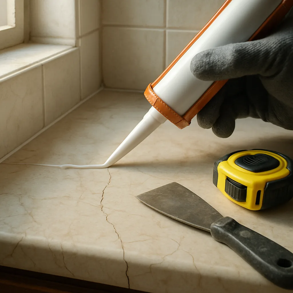 Close-up of caulking repair on a Dallas bathroom vanity countertop crack