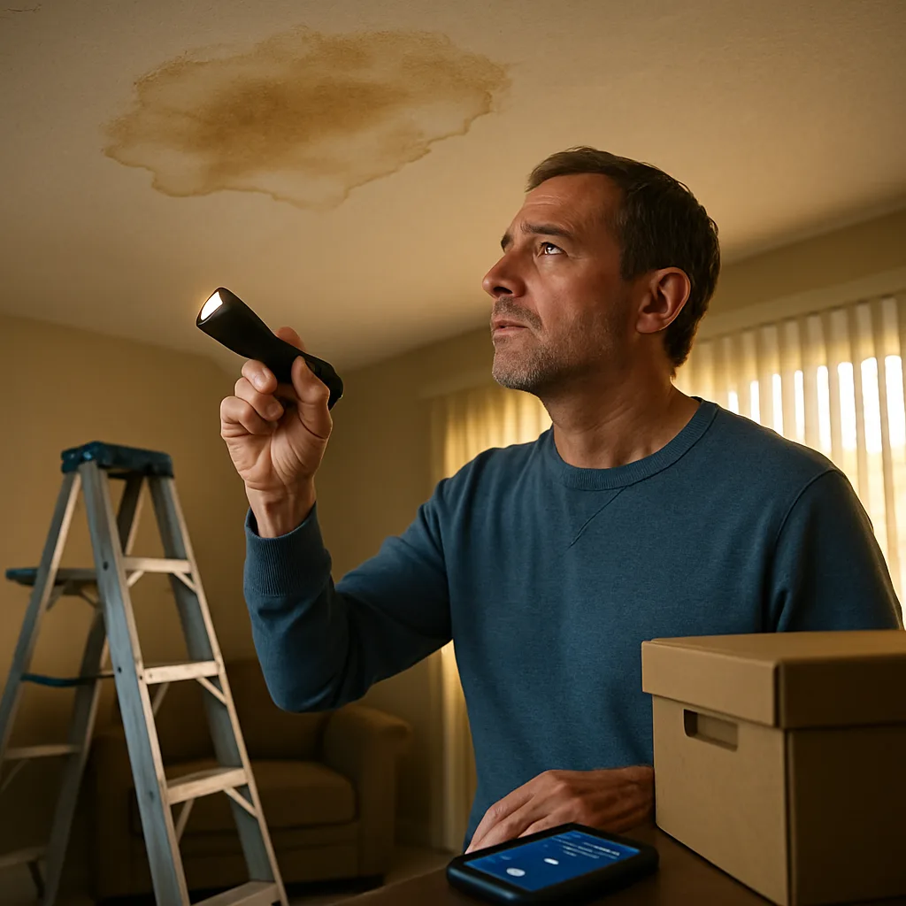 Homeowner inspecting ceiling water stain before hiring a Dallas remodeling contractor