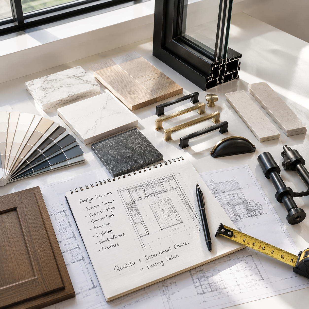 Design workspace with marble and wood sample tiles, hardware swatches, and architectural sketches for a project notebook and plan.