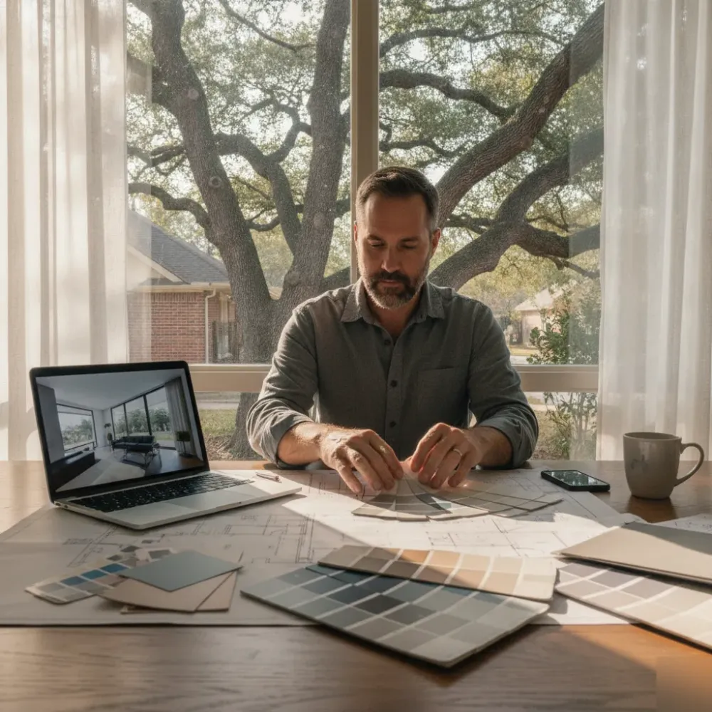 Homeowner reviewing custom home construction floor plans in Dallas living room