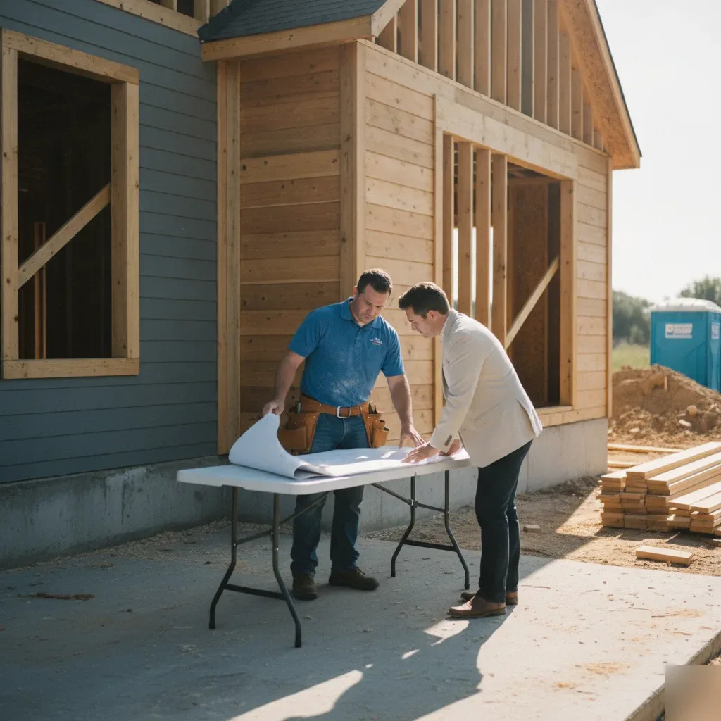 Two construction workers review blueprints on a folding table beside a wooden-framed house under construction on-site?