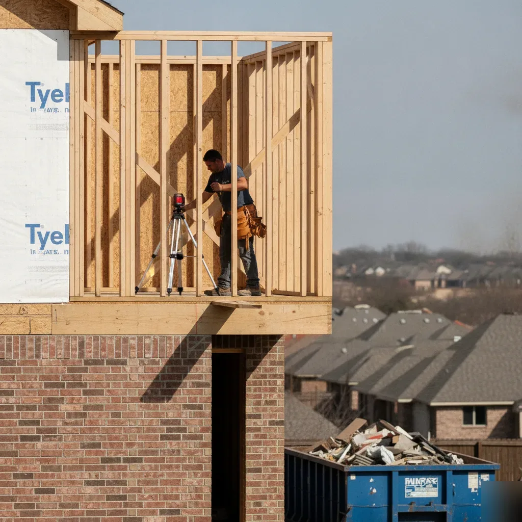 Builder checks laser level on second-story home addition framing in Dallas