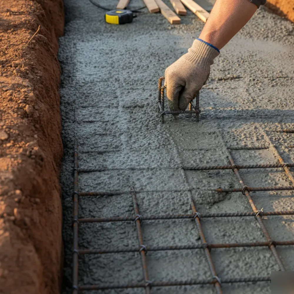 Hand placing rebar chair in concrete footing for Dallas room addition