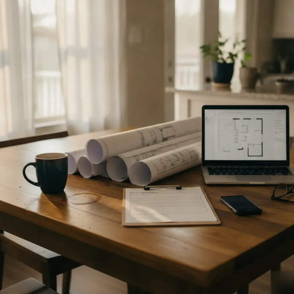 Blueprints and permit paperwork on kitchen table for Dallas home addition