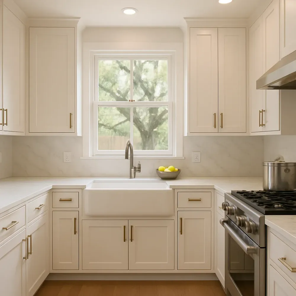 Completed kitchen remodel with white cabinets and quartz counters in Dallas home