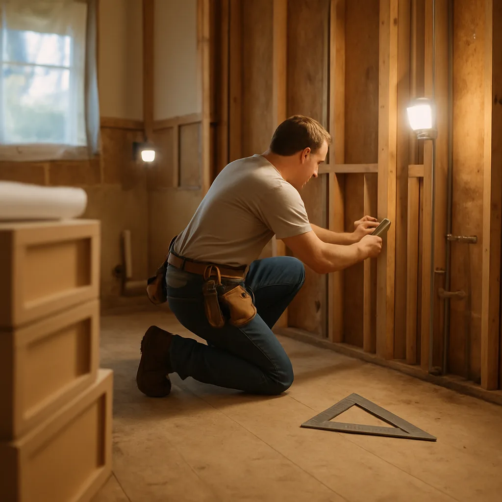 Construction worker kneeling in an unfinished room, using a smartphone to take measurements; a triangular ruler lies on the floor.