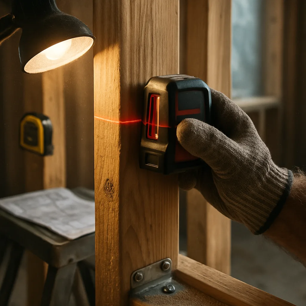 Laser level checking new kitchen wall framing during Dallas remodel construction
