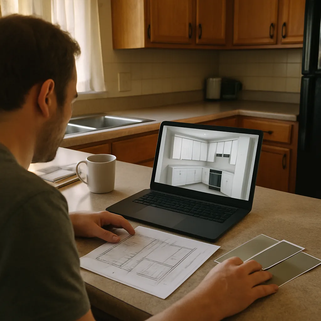 Person sketching kitchen design plans at a counter, with a laptop showing a 3D kitchen model and color swatches nearby