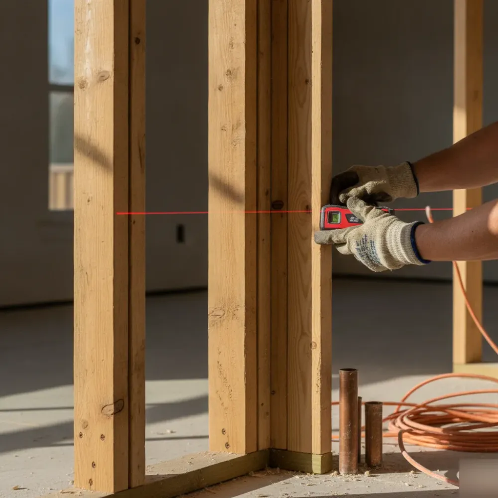 Close-up of framing work during load-bearing wall remodel in Dallas