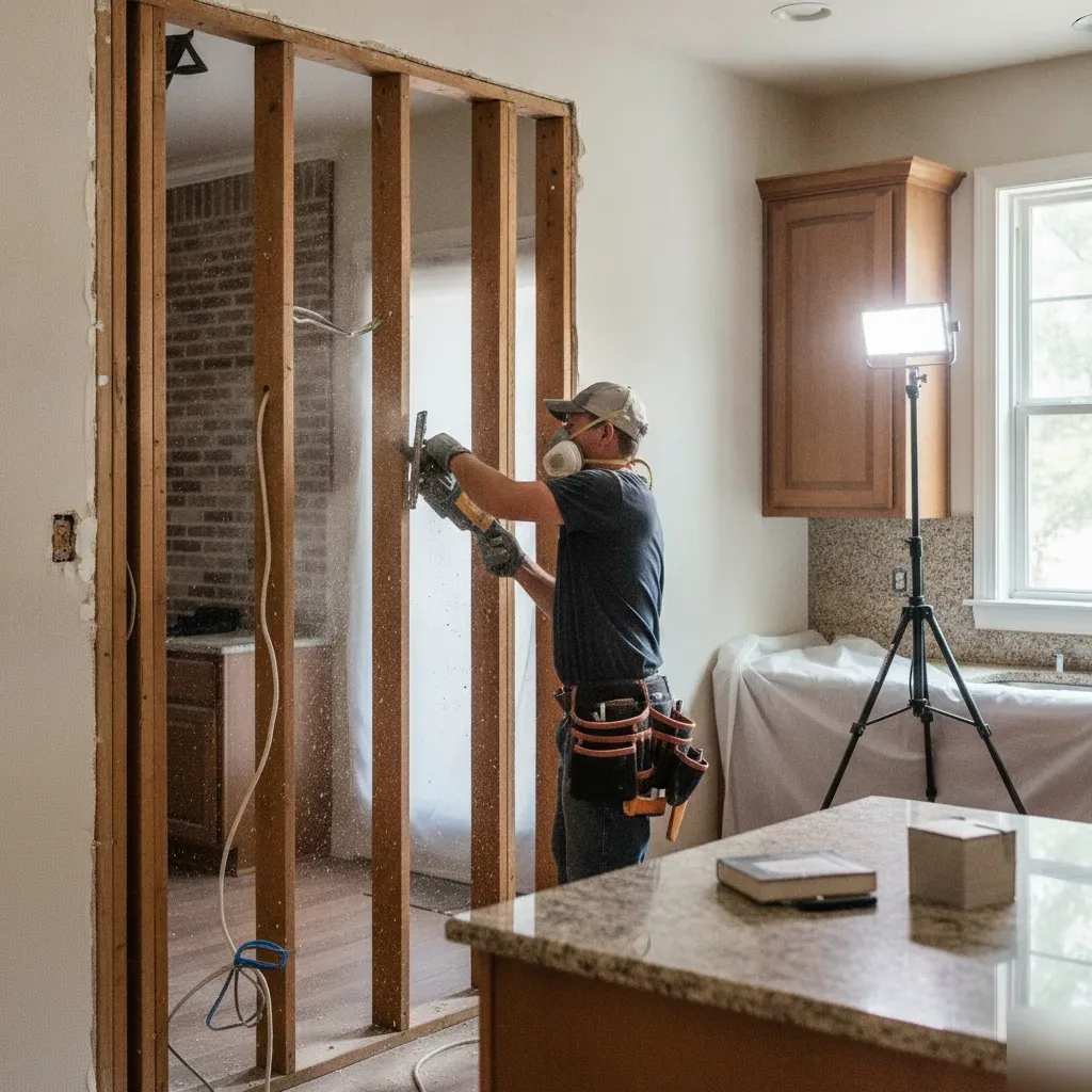 Construction worker in a respirator and tool belt demolishes a partially framed wall in a kitchen renovation, creating dust.