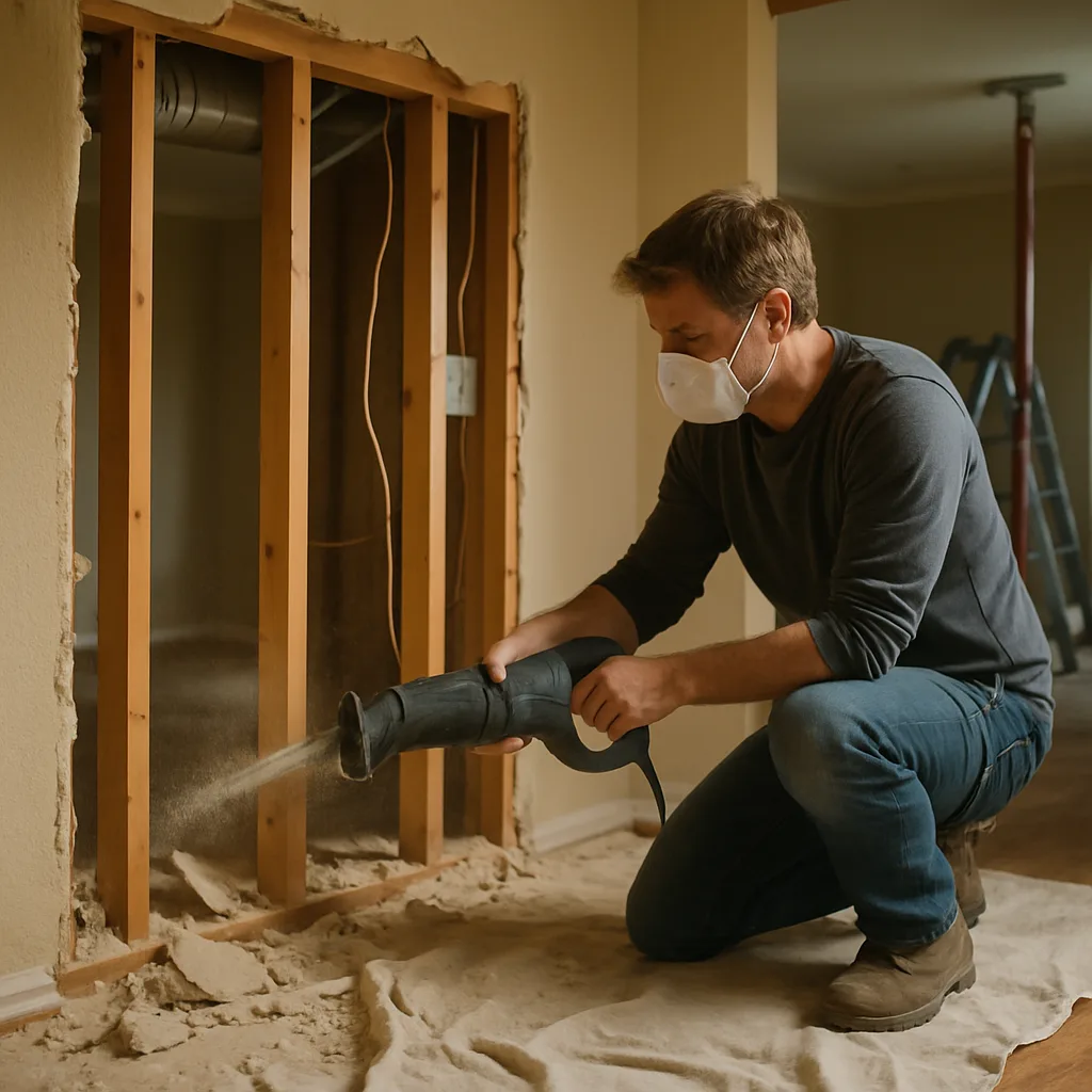 Man in a mask kneels and uses a power tool to remove drywall, exposing wooden studs and dust on the floor.
