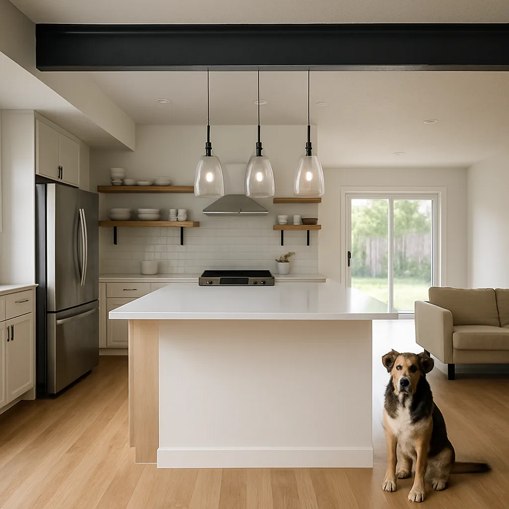 Finished open-concept kitchen with exposed support beam after Dallas home conversion