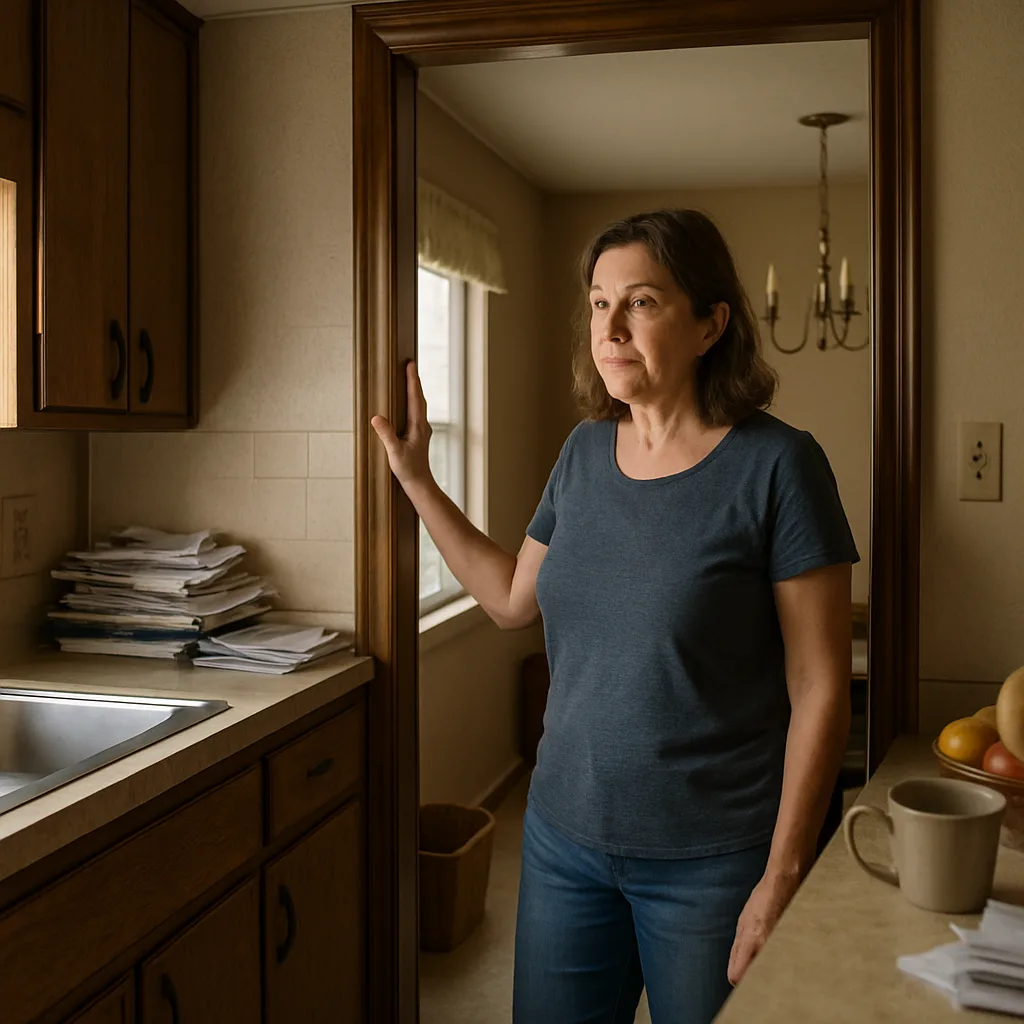 Woman standing in a kitchen doorway, hand resting on the door frame, looking thoughtful to the side.