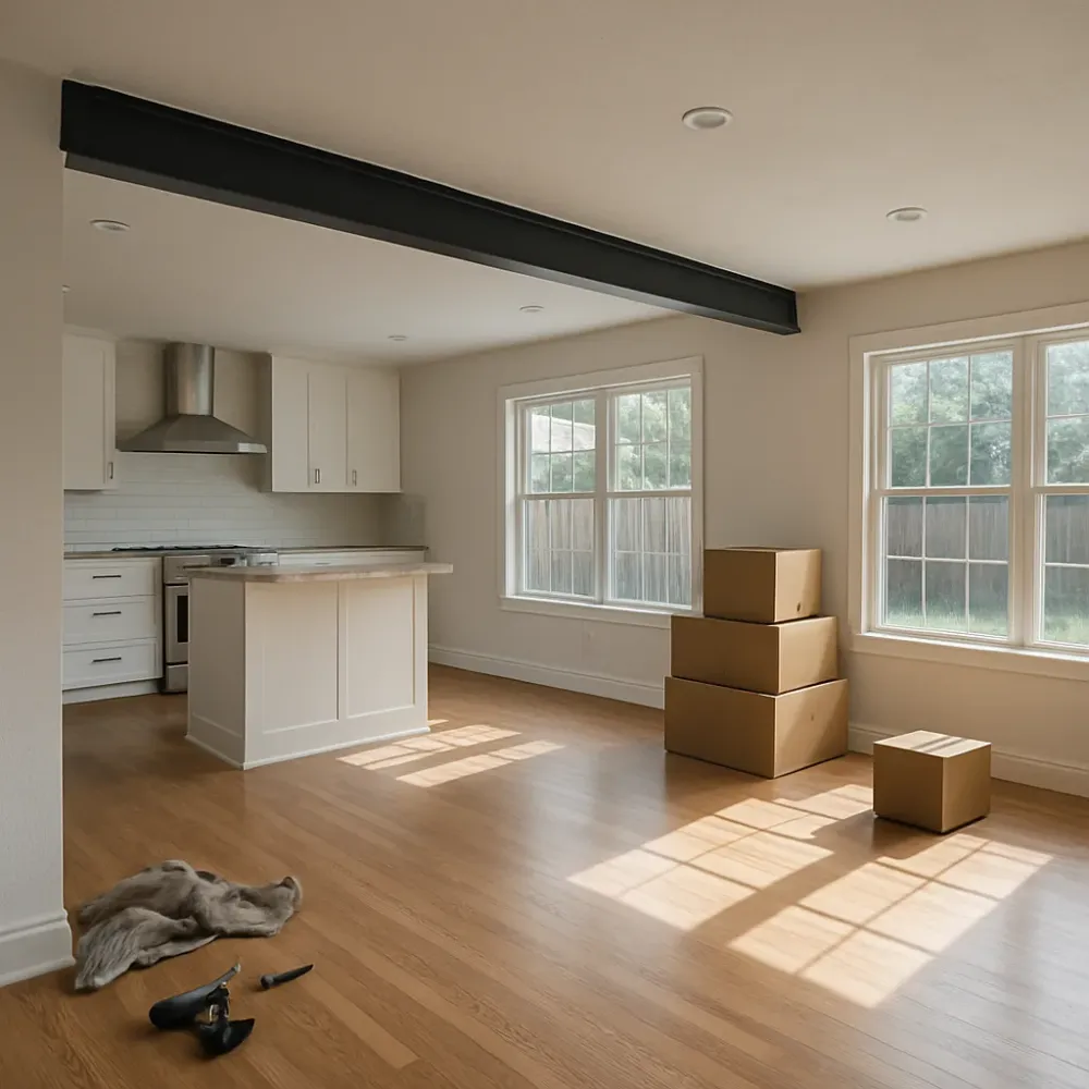 Open-concept living room after structural renovation with exposed steel beam Dallas