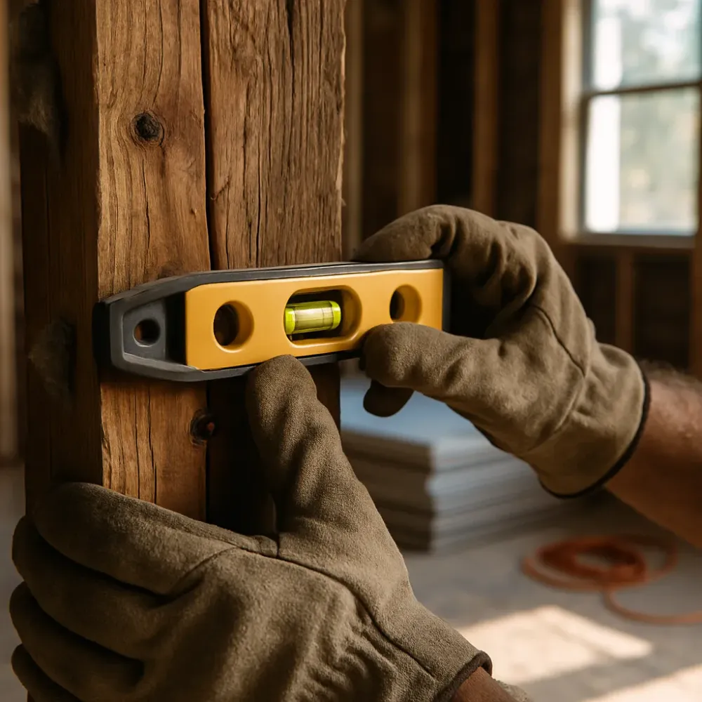 Checking wall level with torpedo tool during Dallas home remodel
