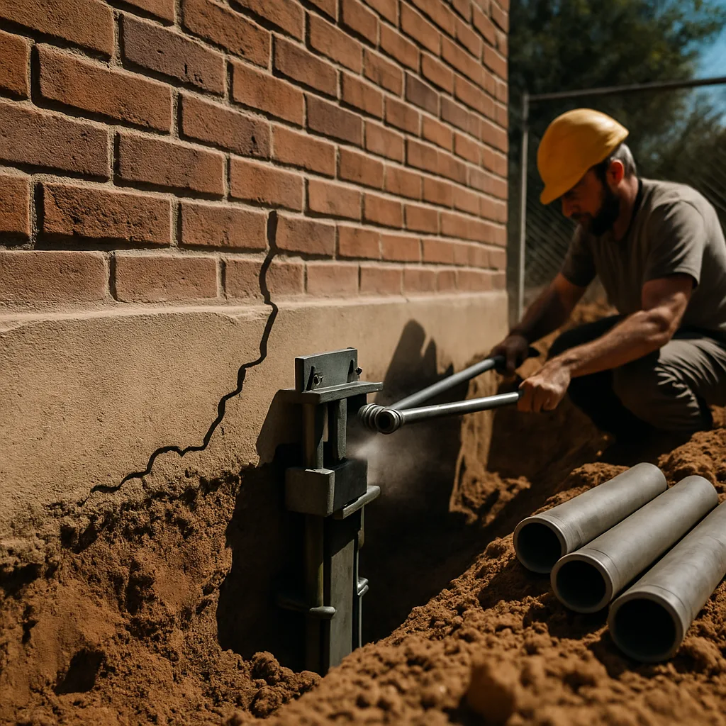 Worker repairing foundation crack during structural renovation on Dallas home