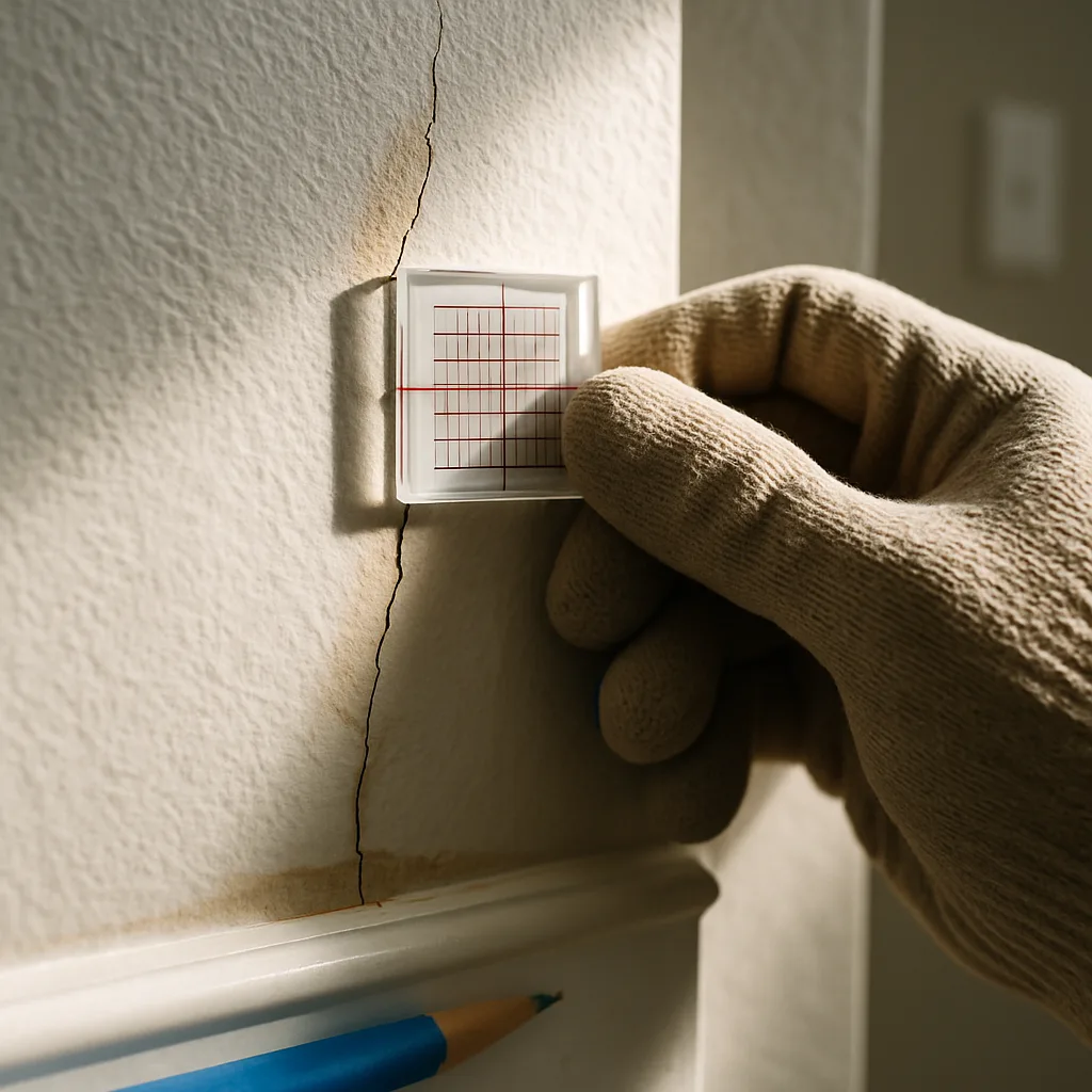 Gloved hand inserts a crack repair patch into a wall crack, with a pencil visible below.