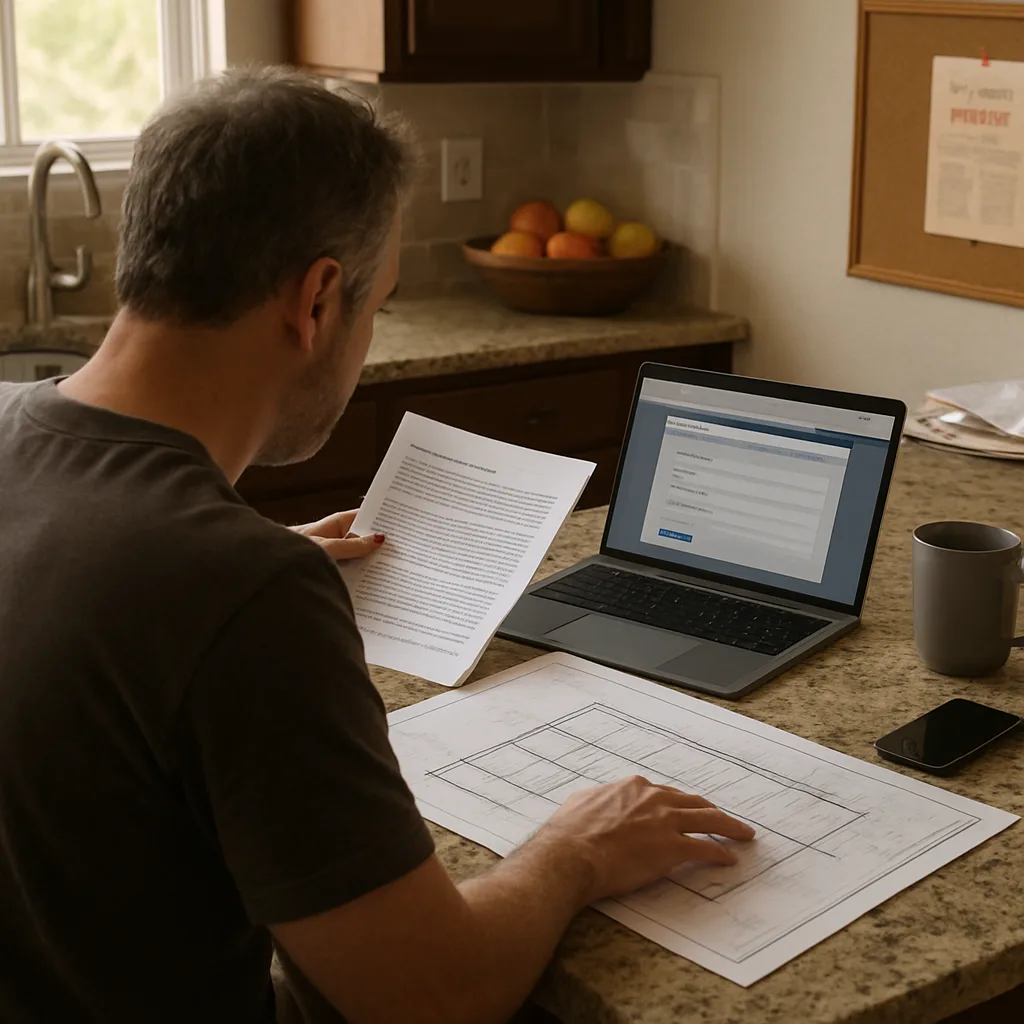 Homeowner reviewing structural renovation permit documents in Dallas kitchen