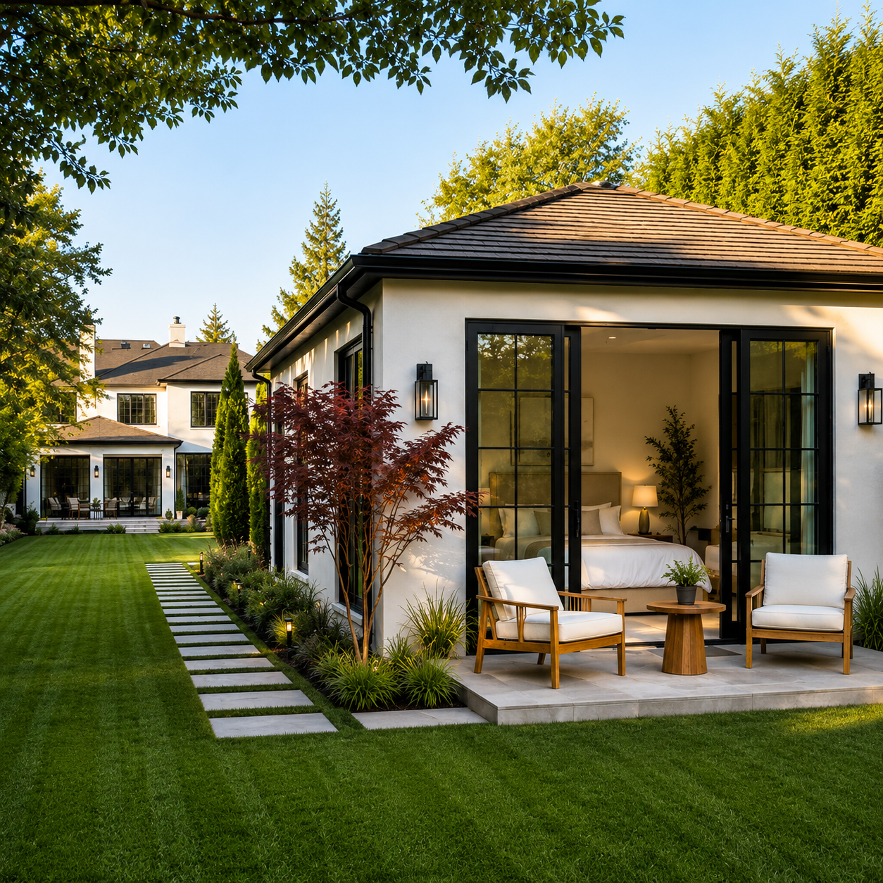 Modern white house with glass doors open to a patio seating area, surrounded by green lawn and trees.