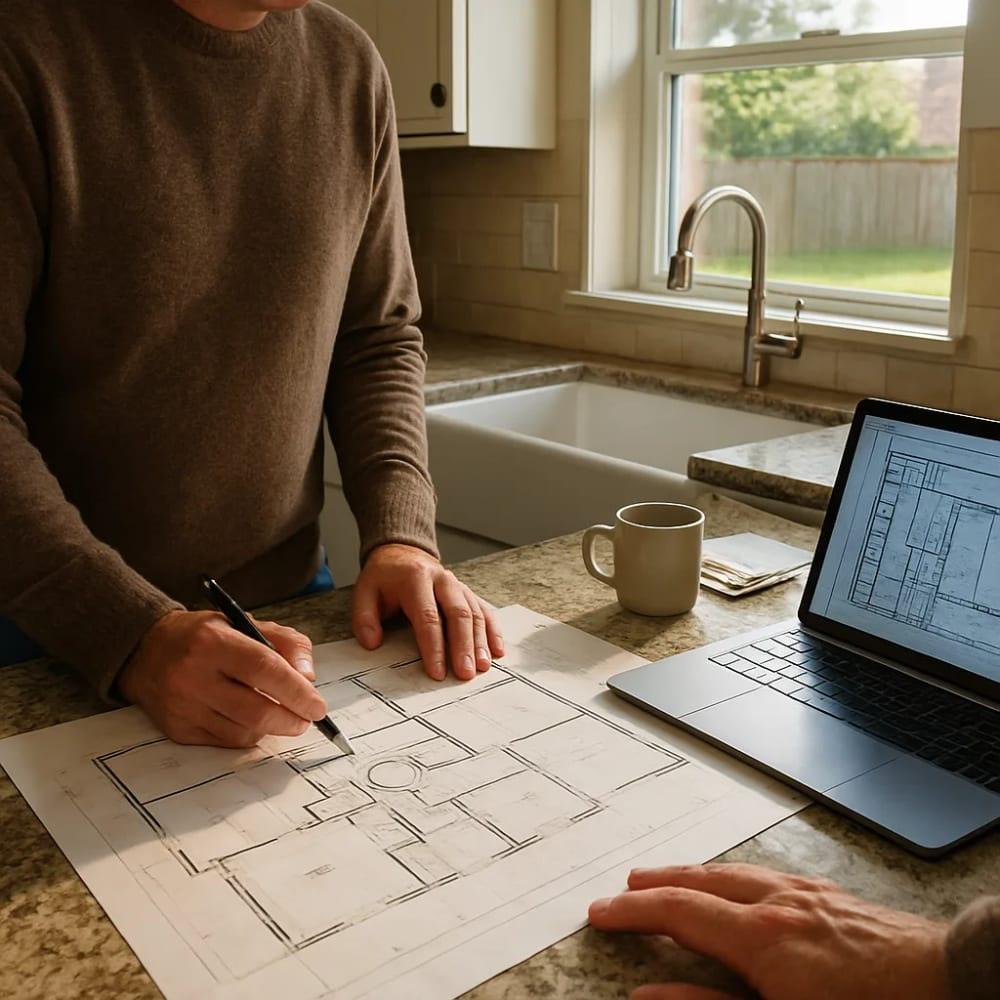 Person sketches a floor plan by hand on a kitchen island, with a blueprint on a laptop nearby