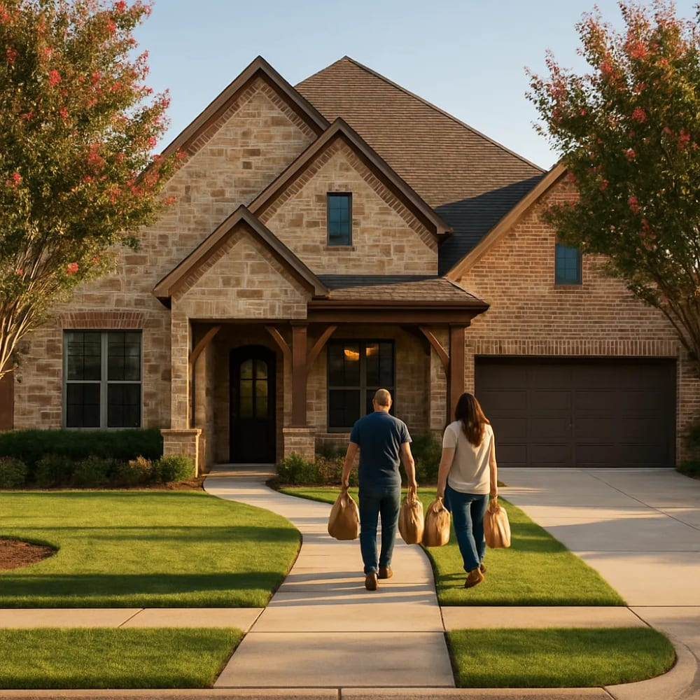 Couple walking up a curved sidewalk toward a brick suburban house, each carrying grocery bags.