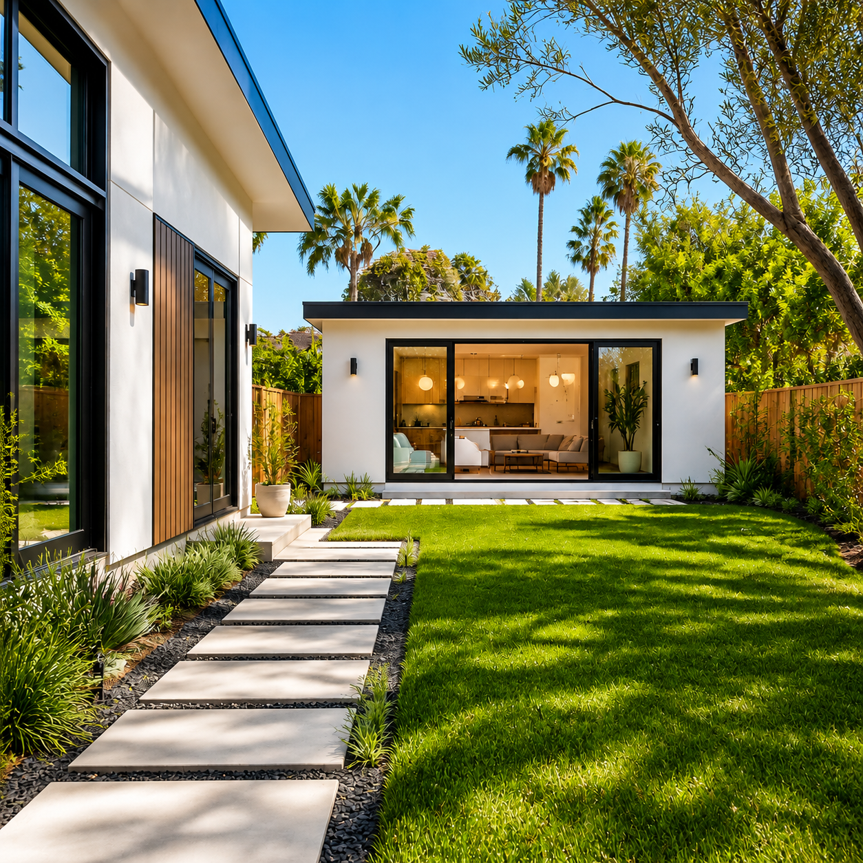 Modern white house with large sliding glass doors opening to a lush green backyard and palm trees in the background