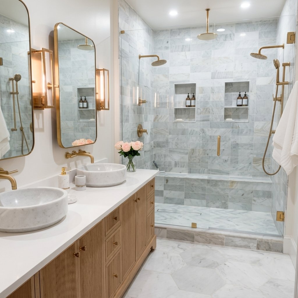Double marble vessel sinks on a light-wood vanity with brass fixtures and a vase of pink roses in a bright, luxurious bathroom.