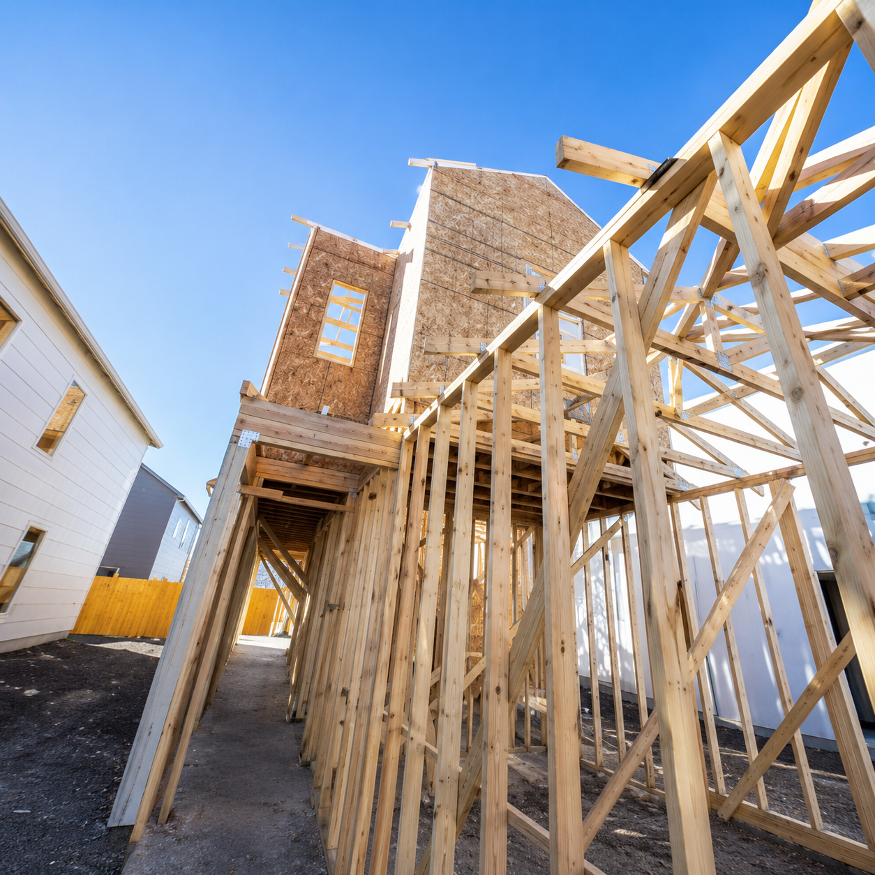 Wooden framing for a new house under construction beneath a clear blue sky, with neighboring white houses nearby