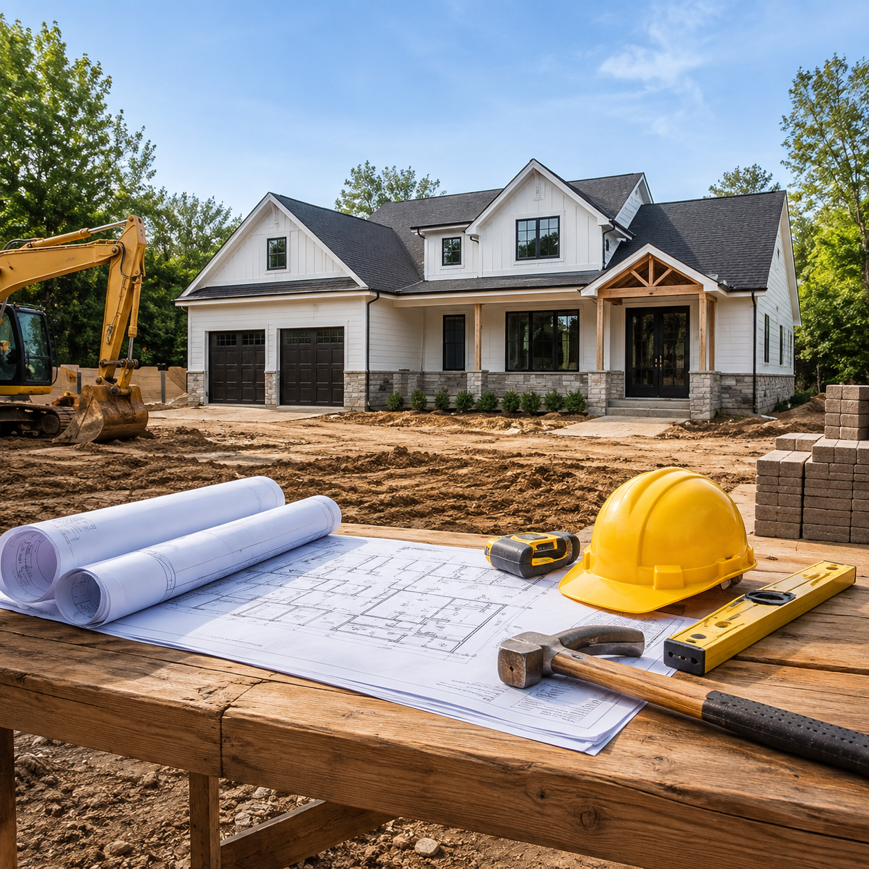 Construction site with blueprints on a wooden table, a yellow hard hat, hammer, and level; a house under construction in the background.
