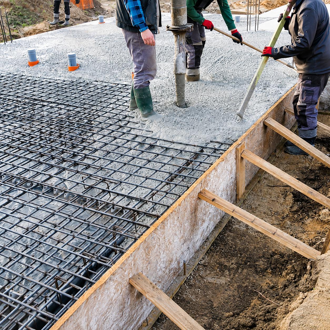 Workers pour wet concrete over a reinforced steel rebar grid for a building foundation in wooden forms.