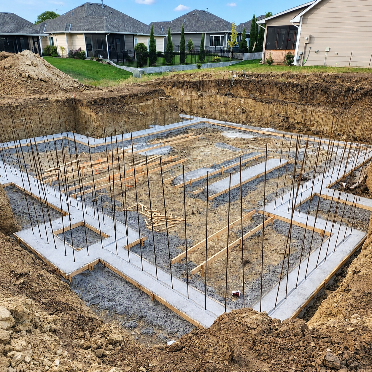 Residential construction site with a foundation slab, wooden forms, and vertical rebar ready for pouring in a suburban yard.