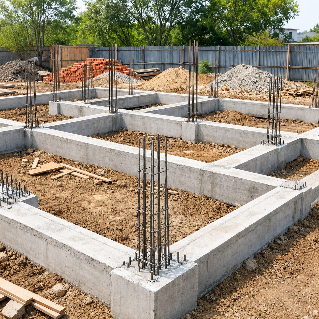 Construction site with a concrete foundation grid and vertical steel rebar reinforcements for future walls or columns.