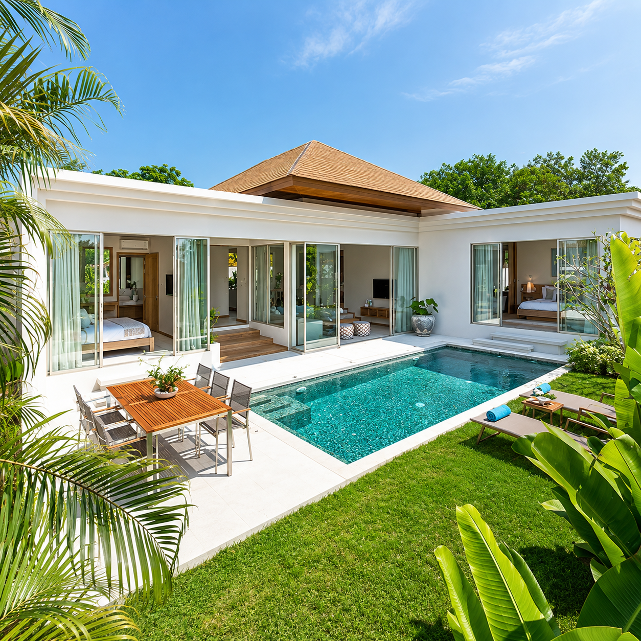 Modern villa with glass doors opening to a turquoise rectangular pool and sunny outdoor dining area.
