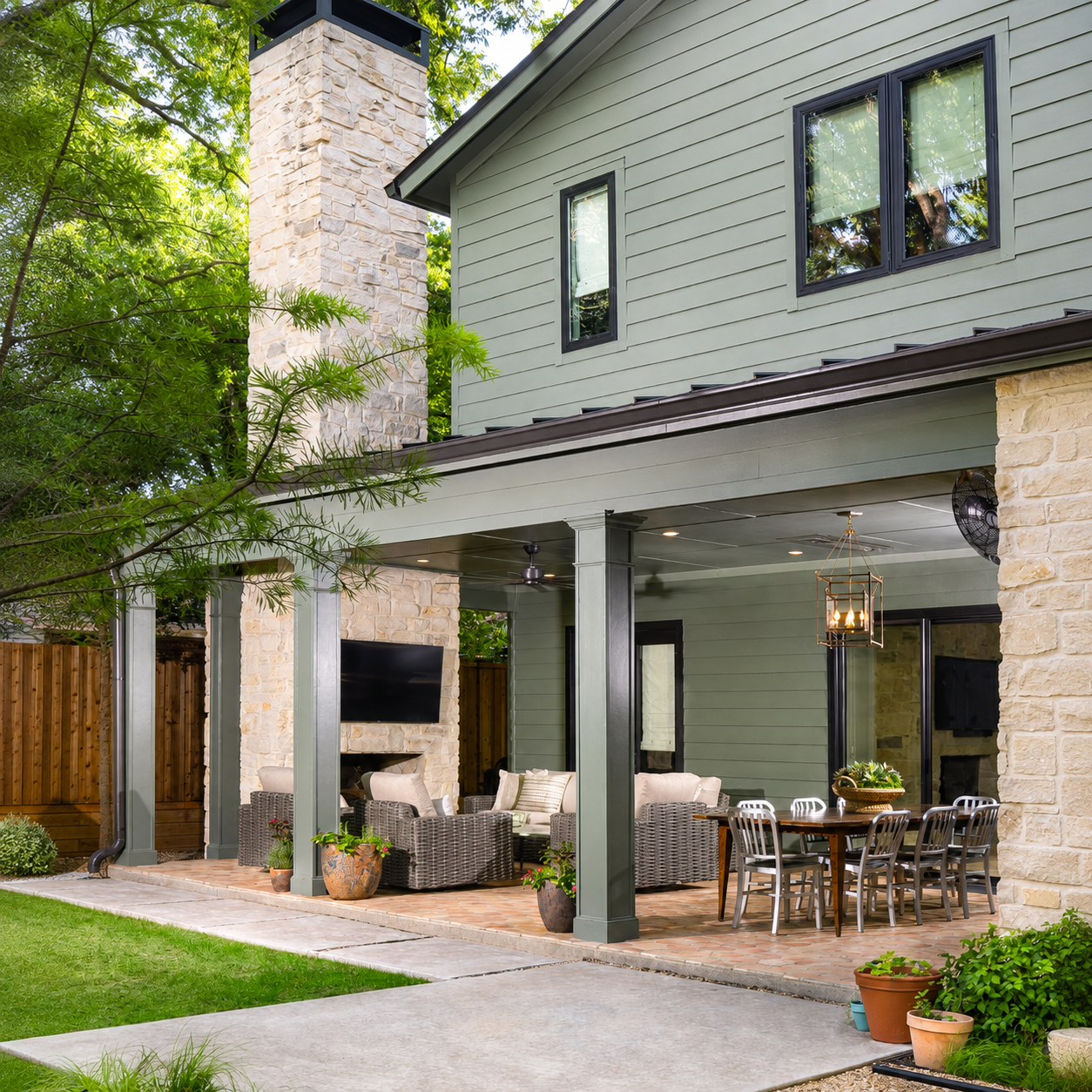 Covered backyard patio under a green-gray two-story house with stone chimney, featuring wicker seating, a dining table with metal chairs, and potted plants.