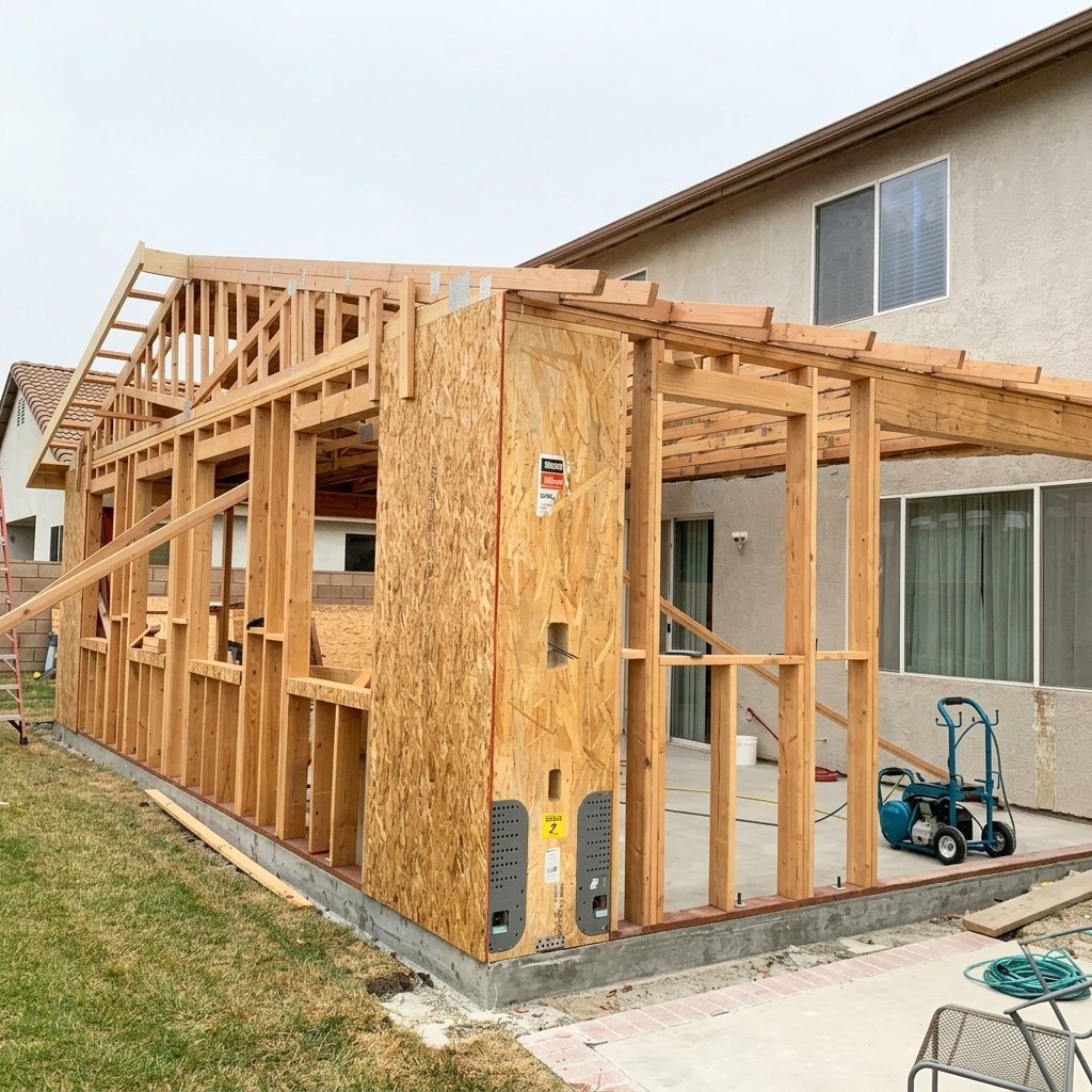 Wooden-framed addition under construction attached to a house, with OSB wall panels and exposed studs on a concrete foundation.