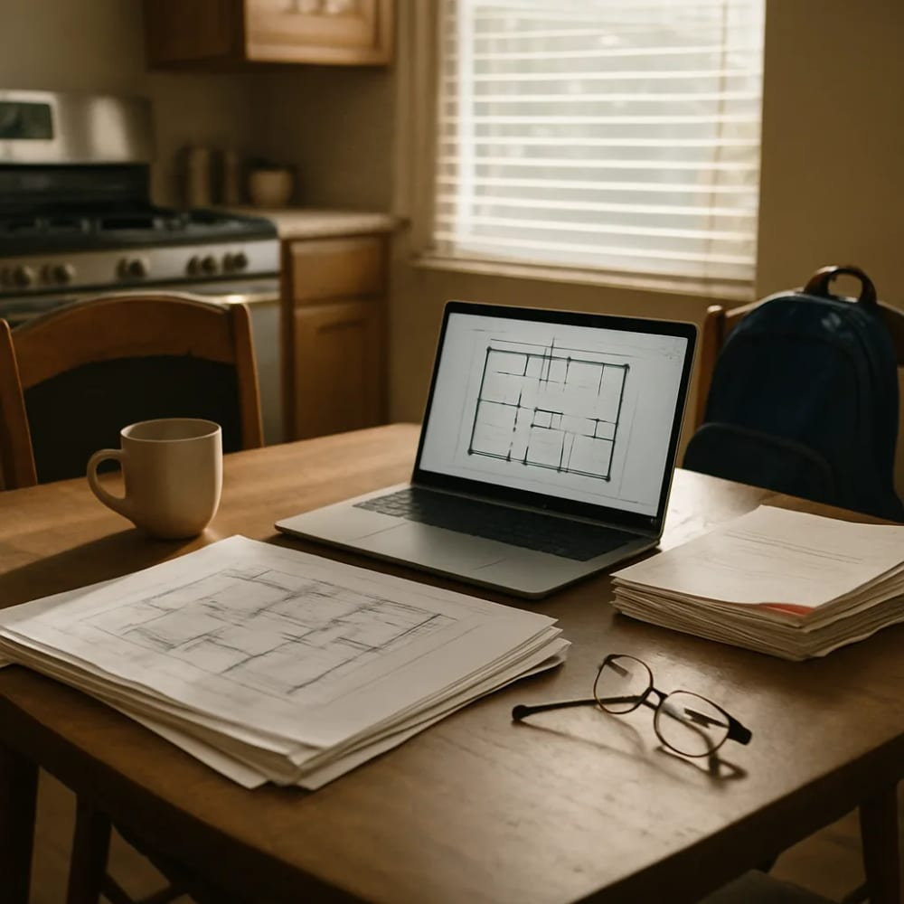 Laptop on a wooden table displaying a building floor plan, with architectural blueprints, stacked papers, a mug, and eyeglasses nearby in a kitchen/dining area.