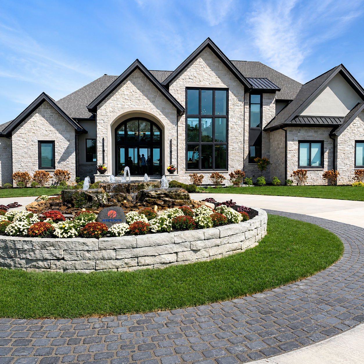 Front view of a large stone house with a circular cobblestone driveway and a tiered fountain surrounded by flowers.