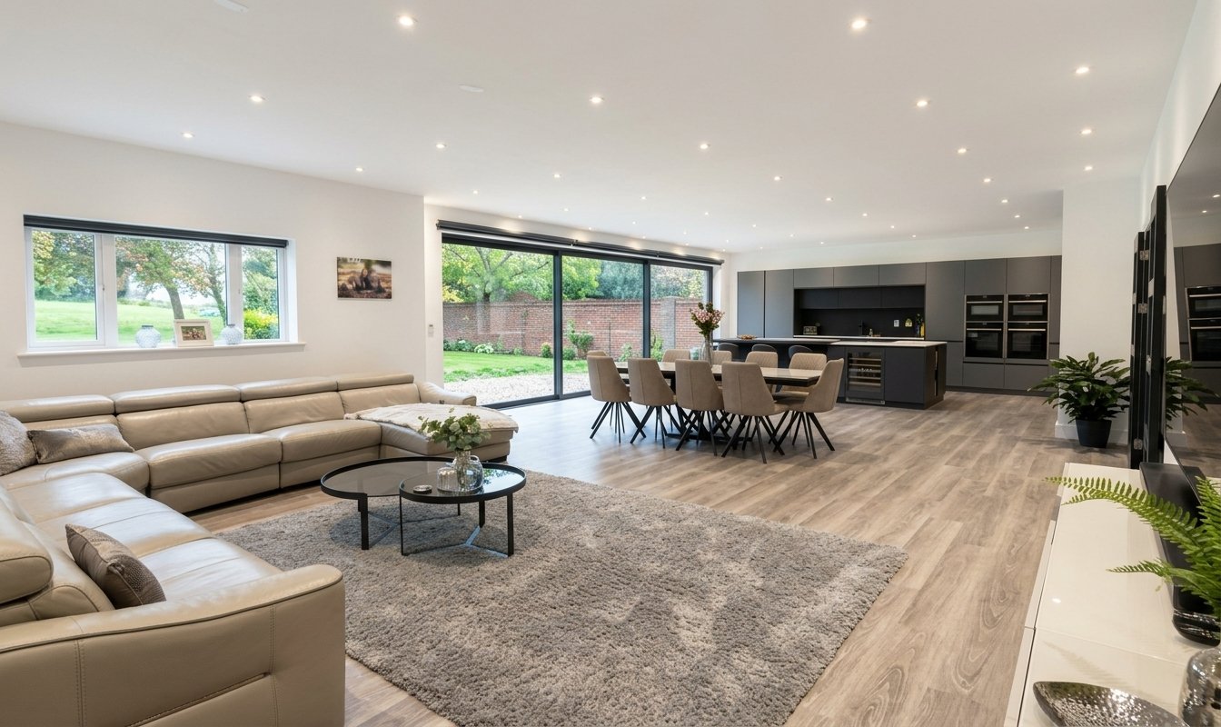 Open-plan living area with a beige sectional sofa, shag rug, and round glass coffee table, near sliding glass doors to a green garden.