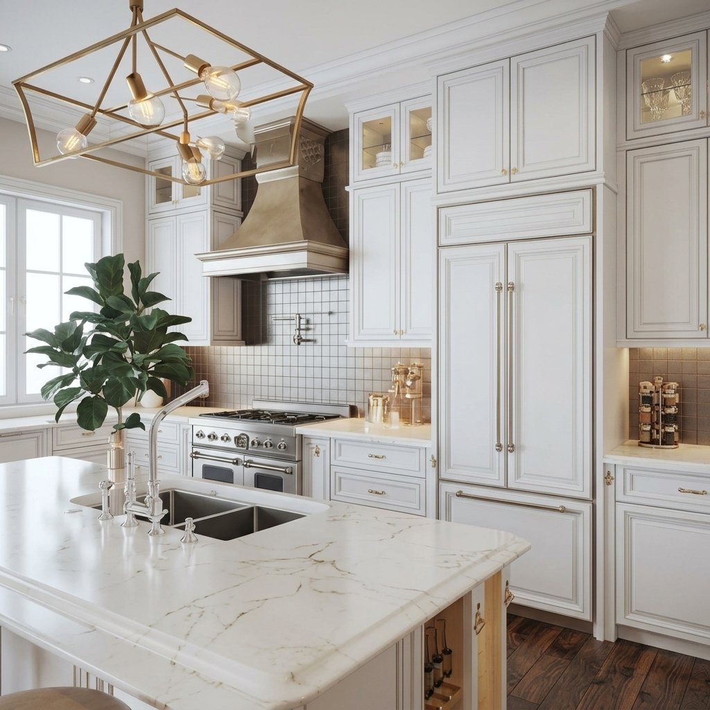 Bright white kitchen with marble island, brass chandelier, and stainless steel stove under a brass hood.