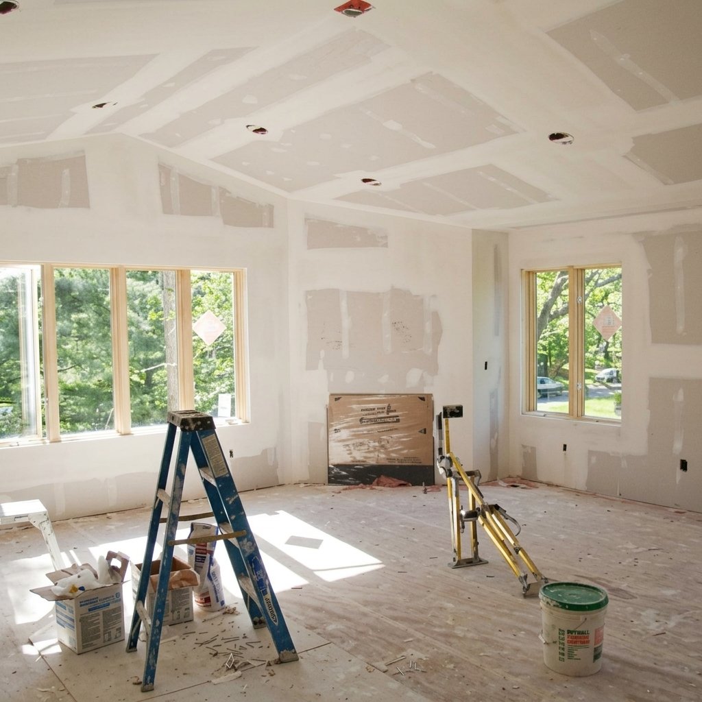 Room under renovation with taped drywall seams on walls and ceiling, a blue step ladder, a yellow drywall lift, and construction supplies on the floor by large windows.
