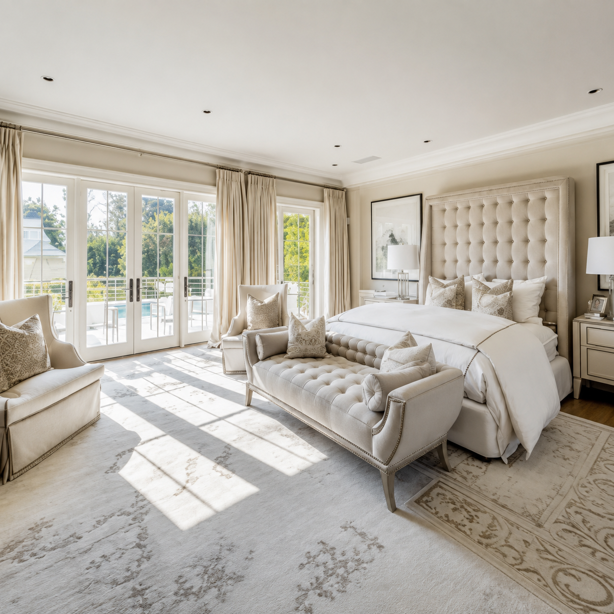 Luxurious neutral-toned master bedroom with a tufted beige headboard, matching bench, and cream seating beside French doors to an outdoor patio.