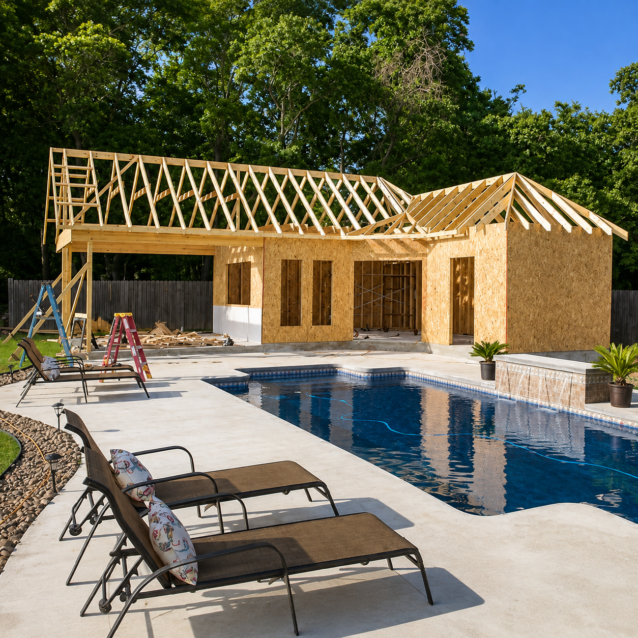 Backyard construction: a partially framed wooden house rising beside a rectangular in-ground pool; ladders, tools, and debris around.