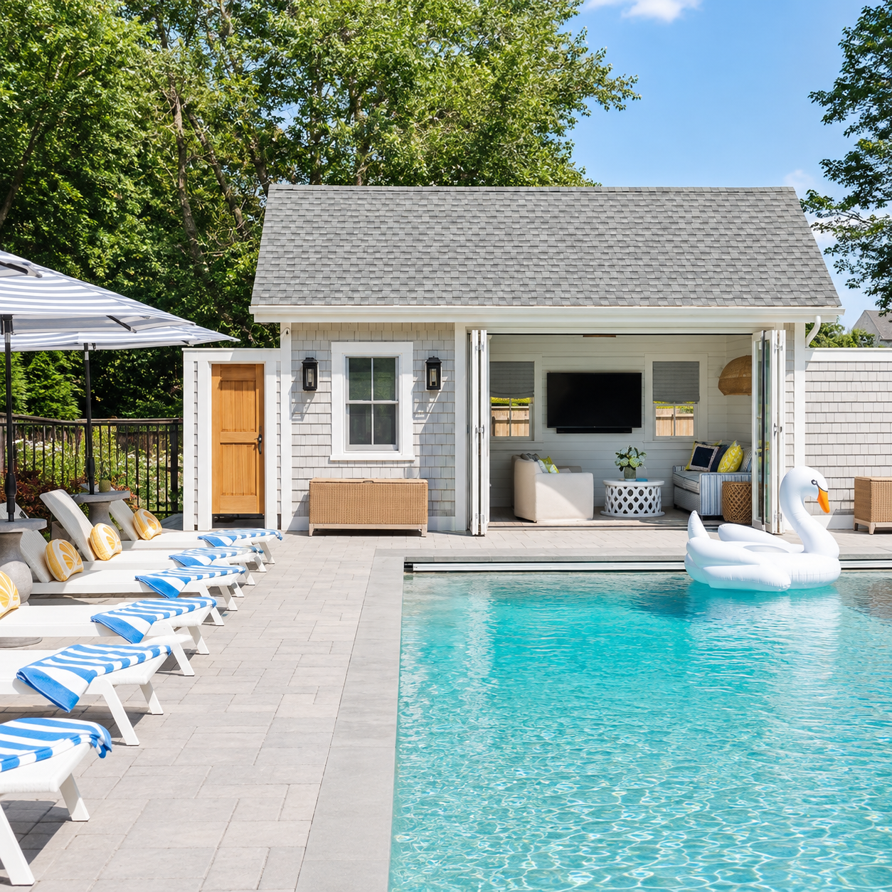 Pool area with lounge chairs along the pool, striped towels, and a pool house with seating and a TV visible inside the open doors.