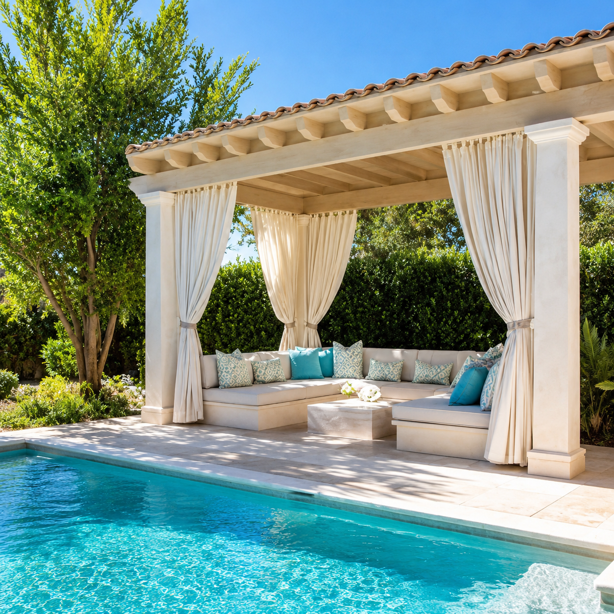 Outdoor poolside cabana with cream curtains, beige sectional seating, and teal throw pillows beside a bright blue pool.