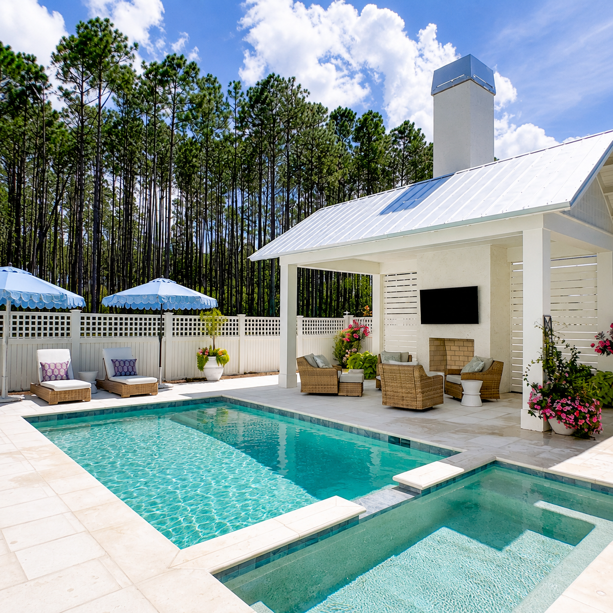 Backyard pool area with a rectangular spa, white patio, lounge chairs under blue umbrellas, and a covered seating area with a wall-mounted TV.