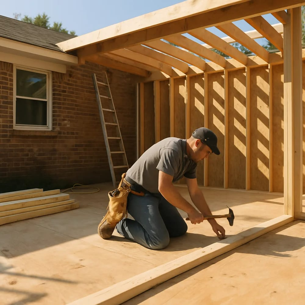 A construction worker kneels on a plywood floor, hammering a wooden beam in a partially framed outdoor structure near a brick house.