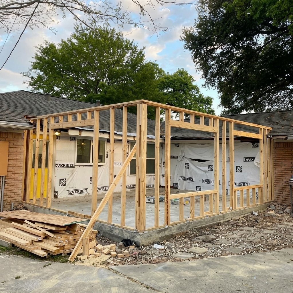 Wooden framing for a new home extension attached to an existing brick house, built on a concrete slab with lumber piles nearby and construction wrap on the walls