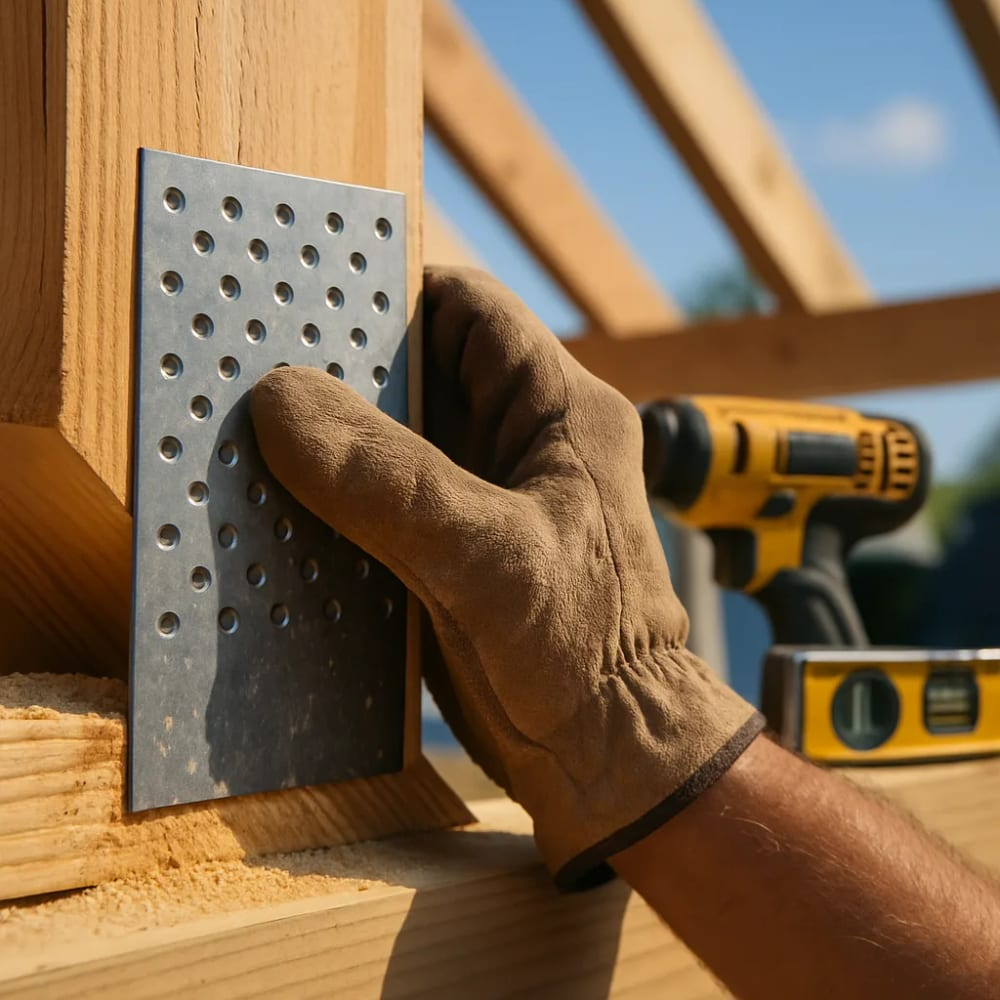 Worker wearing a glove secures a perforated metal plate to a wooden frame with a tool nearby in a sunny construction site